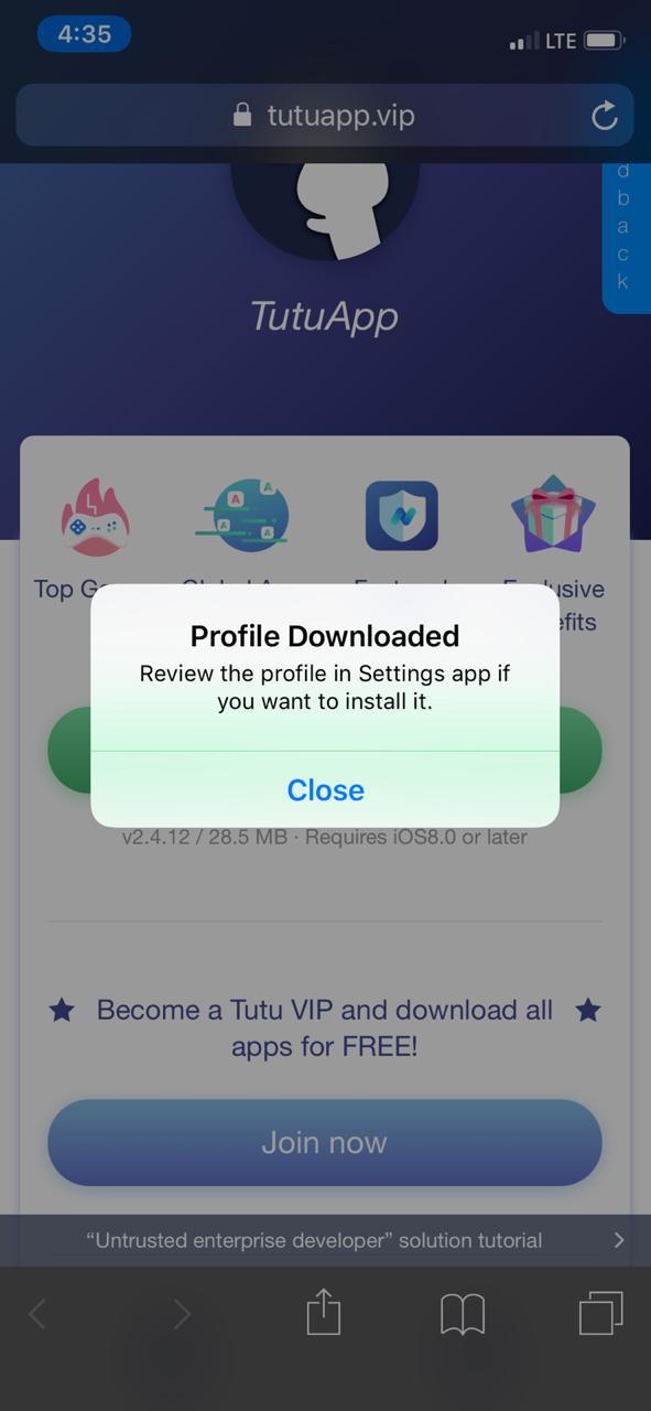 TuTuApp Lite Profile Downloaded on iOS